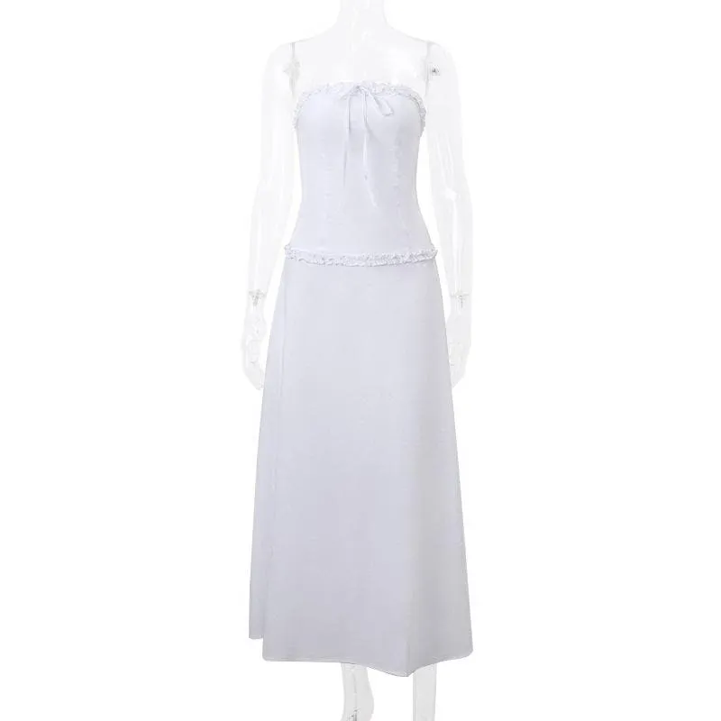 Ruffle bowknot smocked zip-up backless solid tube midi skirt set