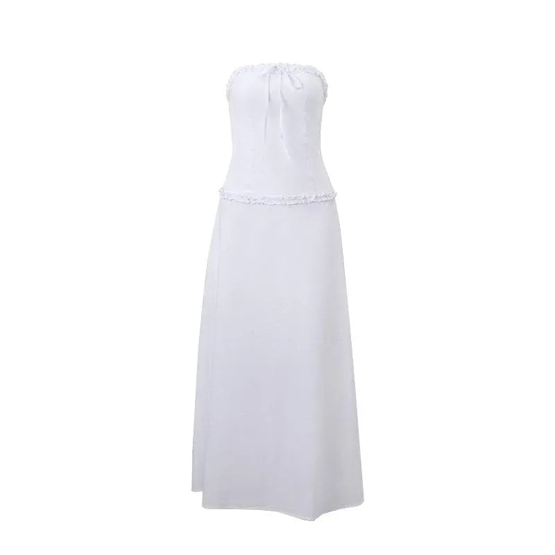 Ruffle bowknot smocked zip-up backless solid tube midi skirt set