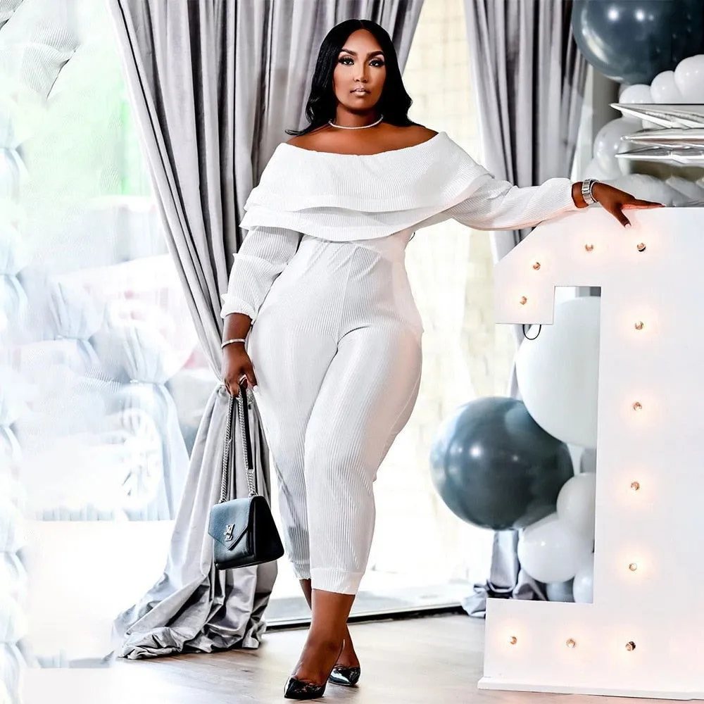 Ruffle Off Shoulder Ankle-Length Plus Size Jumpsuits