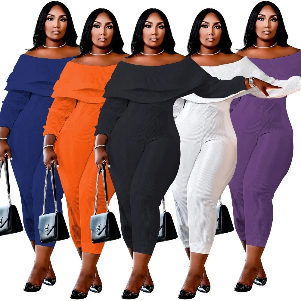 Ruffle Off Shoulder Ankle-Length Plus Size Jumpsuits