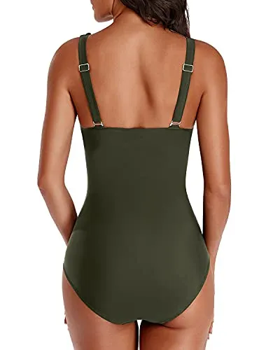 Ruffle V Neck One Piece Swimsuit With Adjustable Straps-Army Green