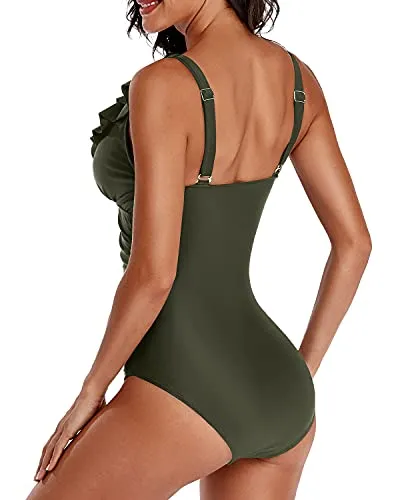 Ruffle V Neck One Piece Swimsuit With Adjustable Straps-Army Green
