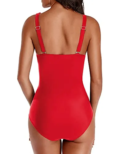 Ruffle V Neck One Piece Swimsuit With Push Up Fit-Red