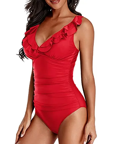Ruffle V Neck One Piece Swimsuit With Push Up Fit-Red