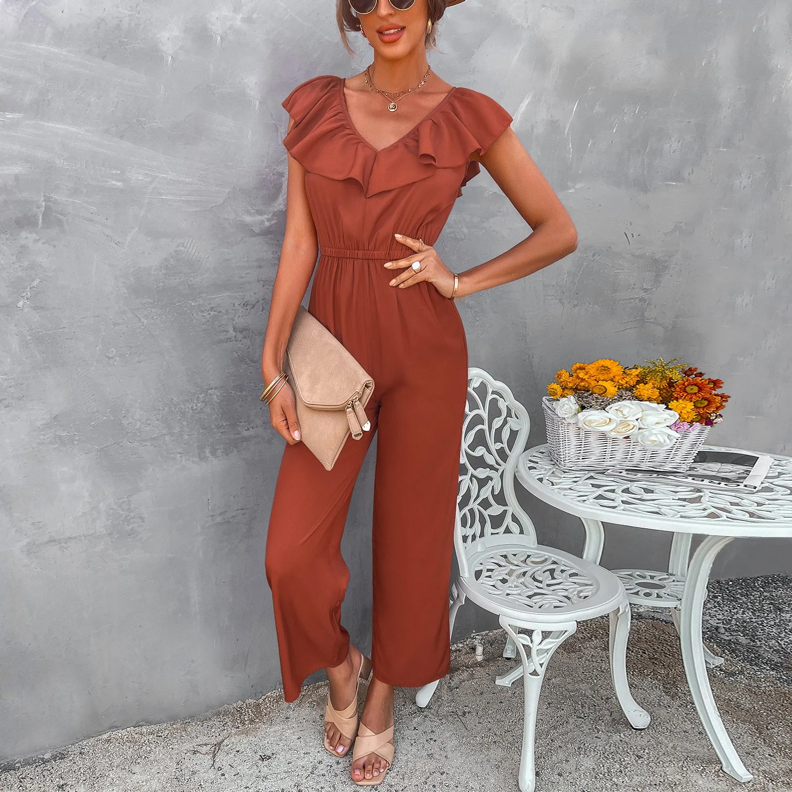 Ruffle V-neck Open Back Slim Waist Straight Leg Jumpsuit