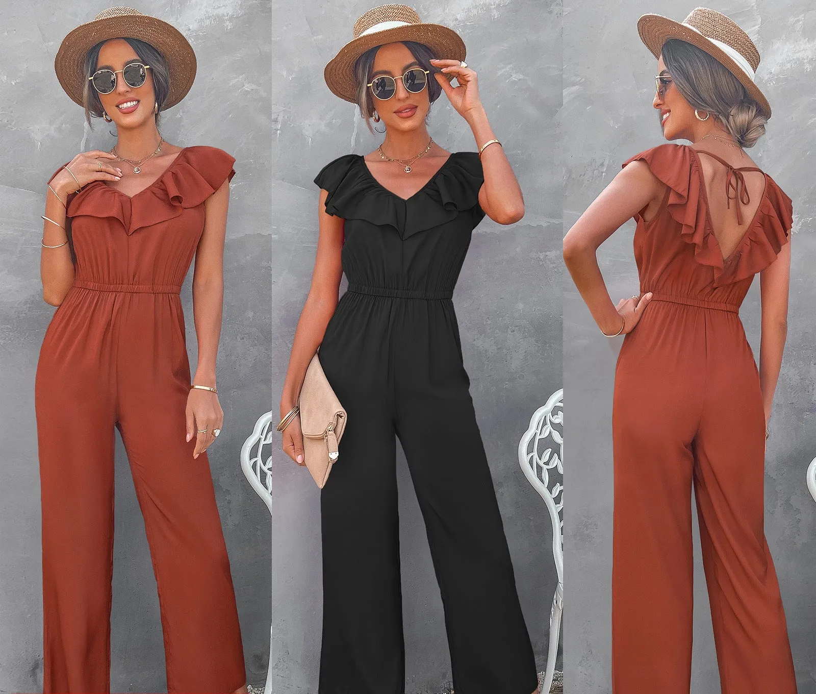 Ruffle V-neck Open Back Slim Waist Straight Leg Jumpsuit