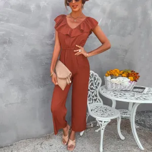 Ruffle V-neck Open Back Slim Waist Straight Leg Jumpsuit