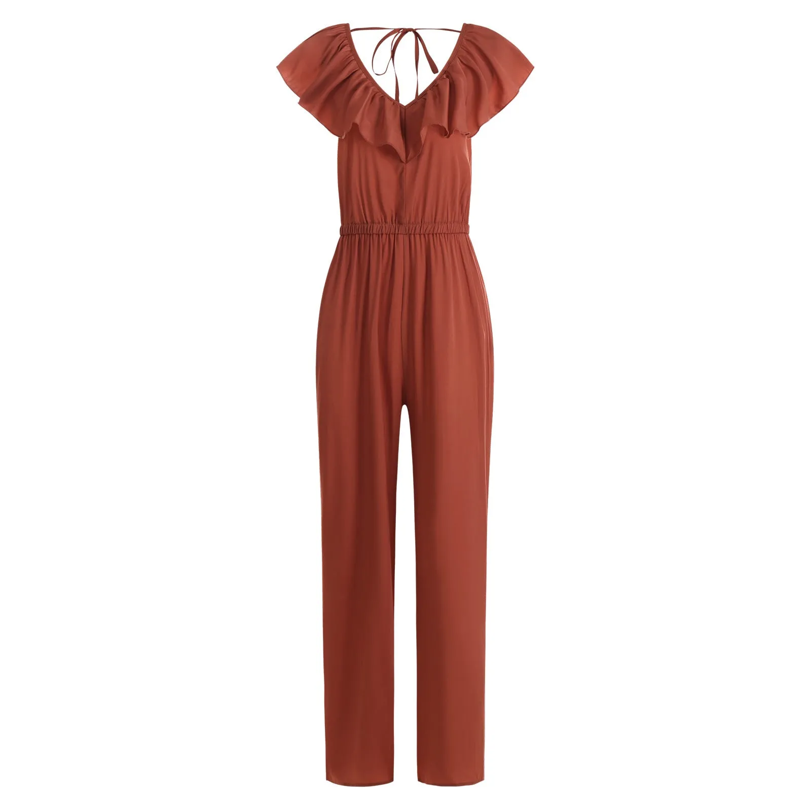 Ruffle V-neck Open Back Slim Waist Straight Leg Jumpsuit