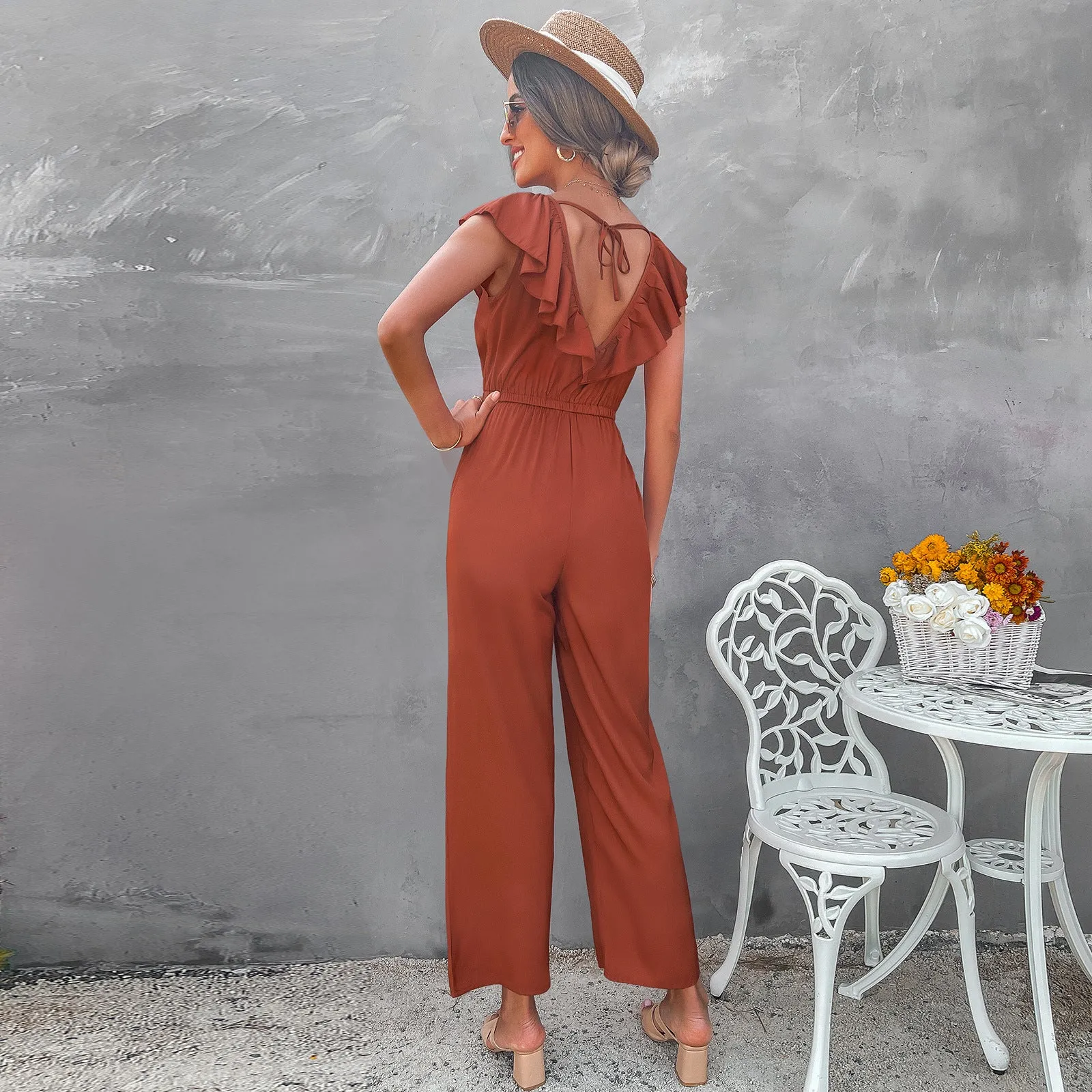 Ruffle V-neck Open Back Slim Waist Straight Leg Jumpsuit