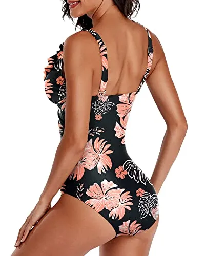 Ruffle V Neck Tummy Control One Piece Swimsuit-Black Orange Floral