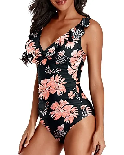 Ruffle V Neck Tummy Control One Piece Swimsuit-Black Orange Floral