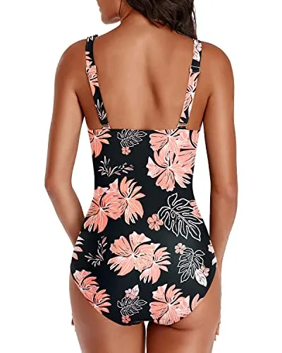 Ruffle V Neck Tummy Control One Piece Swimsuit-Black Orange Floral