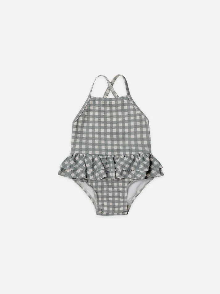 Ruffled One Piece Swimsuit | Sea Green Gingham - LAST ONE 4/5Y