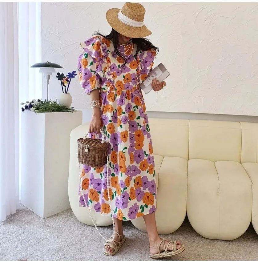 Ruffled Puff Sleeve Flower Dress (퍼프소매의 플라워프린팅 드레스) -넉넉한 사이즈