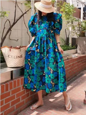 Ruffled Puff Sleeve Flower Dress (퍼프소매의 플라워프린팅 드레스) -넉넉한 사이즈