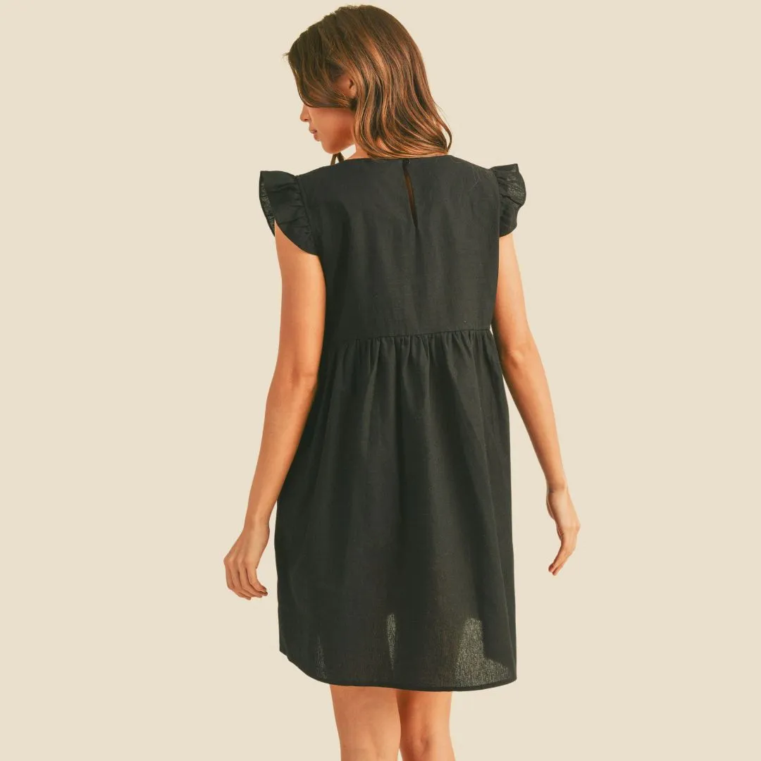 Ruffled Sleeve Pleat Detail Babydoll Dress (Black)