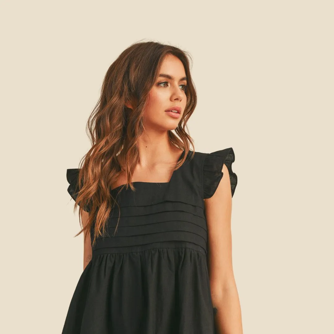 Ruffled Sleeve Pleat Detail Babydoll Dress (Black)