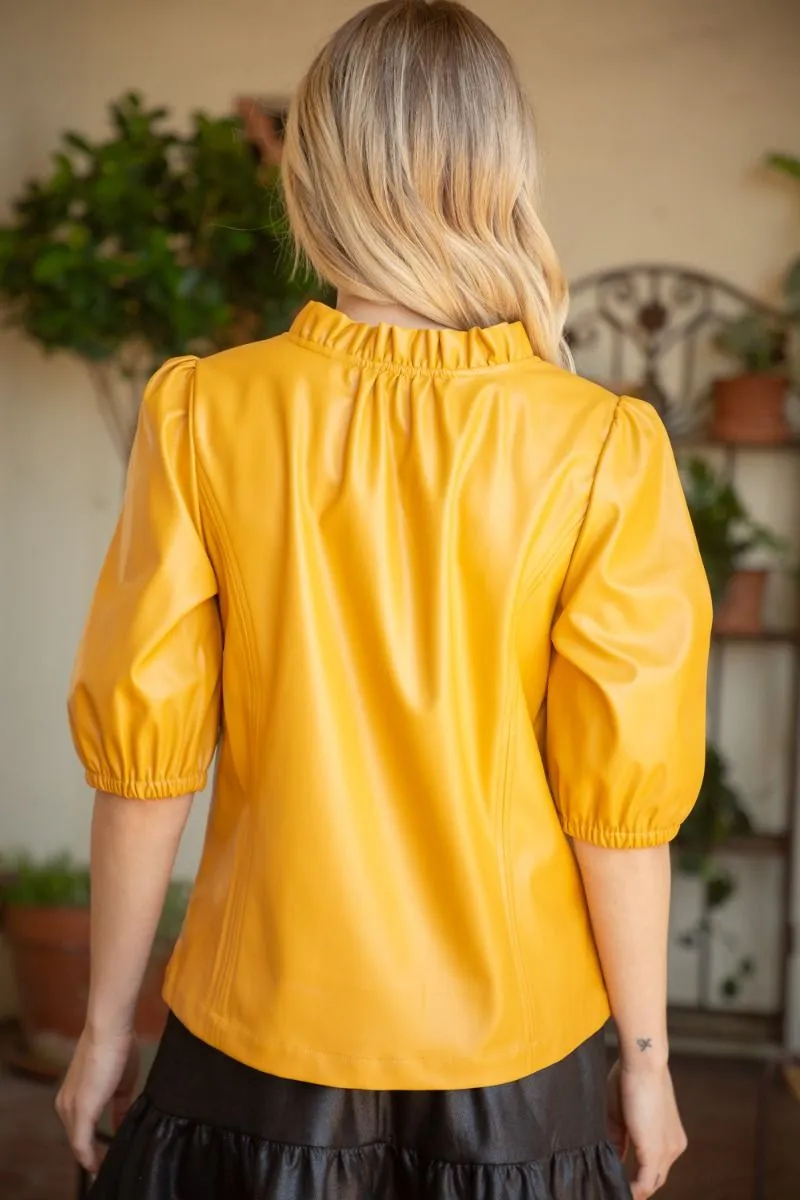 RUFFLED V NECK PUFF SLEEVE PU TOP