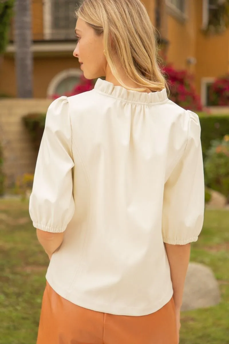 RUFFLED V NECK PUFF SLEEVE PU TOP