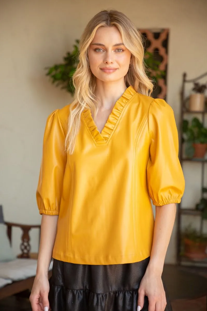 RUFFLED V NECK PUFF SLEEVE PU TOP
