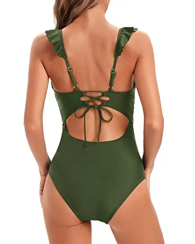 Ruffled V Neck Swimwear Women's Tummy Control One Piece Bathing Suit