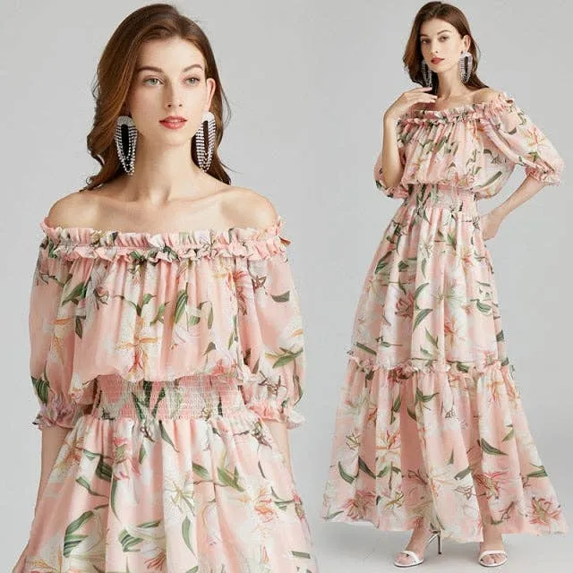 Runway Summer Vacation Dress Women Elegant Slash Neck Off Shoulder Tulip Floral Print Bohemian Lady Long Maxi Dress N7397