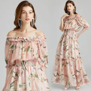 Runway Summer Vacation Dress Women Elegant Slash Neck Off Shoulder Tulip Floral Print Bohemian Lady Long Maxi Dress N7397