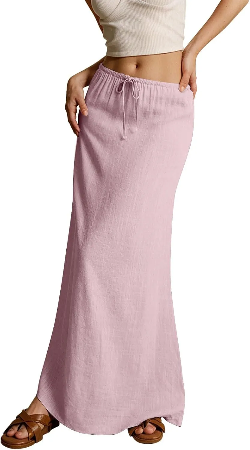 Rvidbe Linen Maxi Skirts for Women Summer Casual Vacation Boho Elastic Waist Drawstring Flared Flowy Ankle-Length Skirt