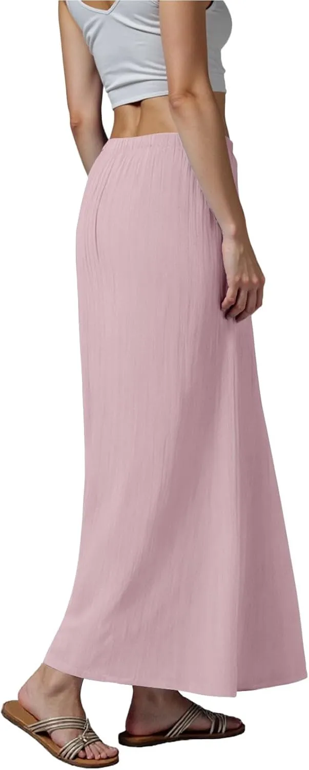 Rvidbe Linen Maxi Skirts for Women Summer Casual Vacation Boho Elastic Waist Drawstring Flared Flowy Ankle-Length Skirt