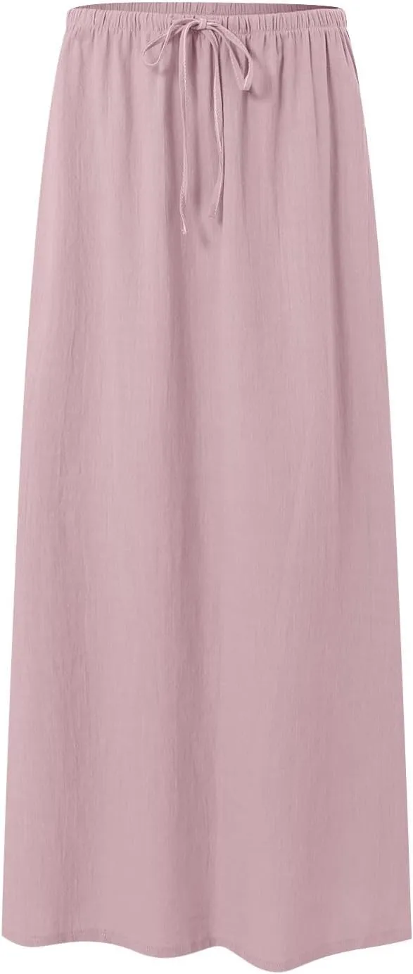 Rvidbe Linen Maxi Skirts for Women Summer Casual Vacation Boho Elastic Waist Drawstring Flared Flowy Ankle-Length Skirt