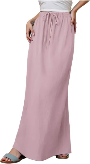 Rvidbe Linen Maxi Skirts for Women Summer Casual Vacation Boho Elastic Waist Drawstring Flared Flowy Ankle-Length Skirt
