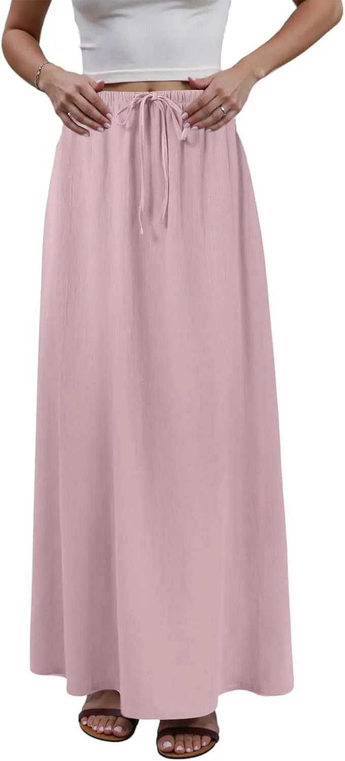 Rvidbe Linen Maxi Skirts for Women Summer Casual Vacation Boho Elastic Waist Drawstring Flared Flowy Ankle-Length Skirt
