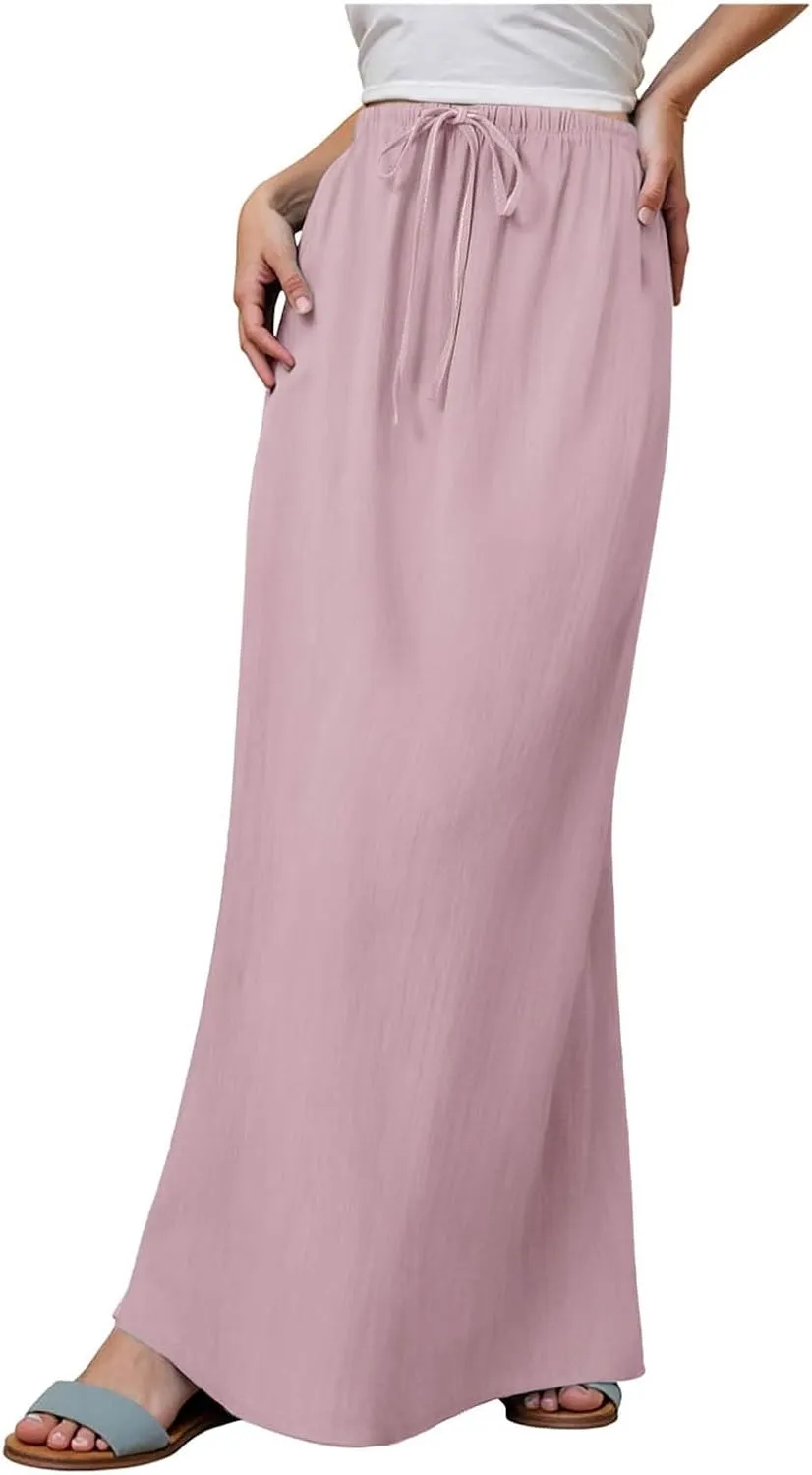 Rvidbe Linen Maxi Skirts for Women Summer Casual Vacation Boho Elastic Waist Drawstring Flared Flowy Ankle-Length Skirt