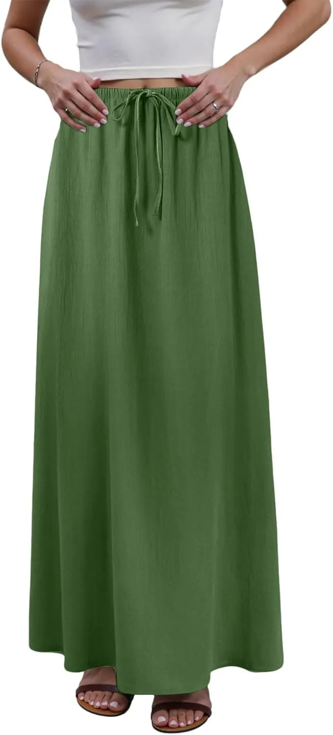 Rvidbe Linen Maxi Skirts for Women Summer Casual Vacation Boho Elastic Waist Drawstring Flared Flowy Ankle-Length Skirt