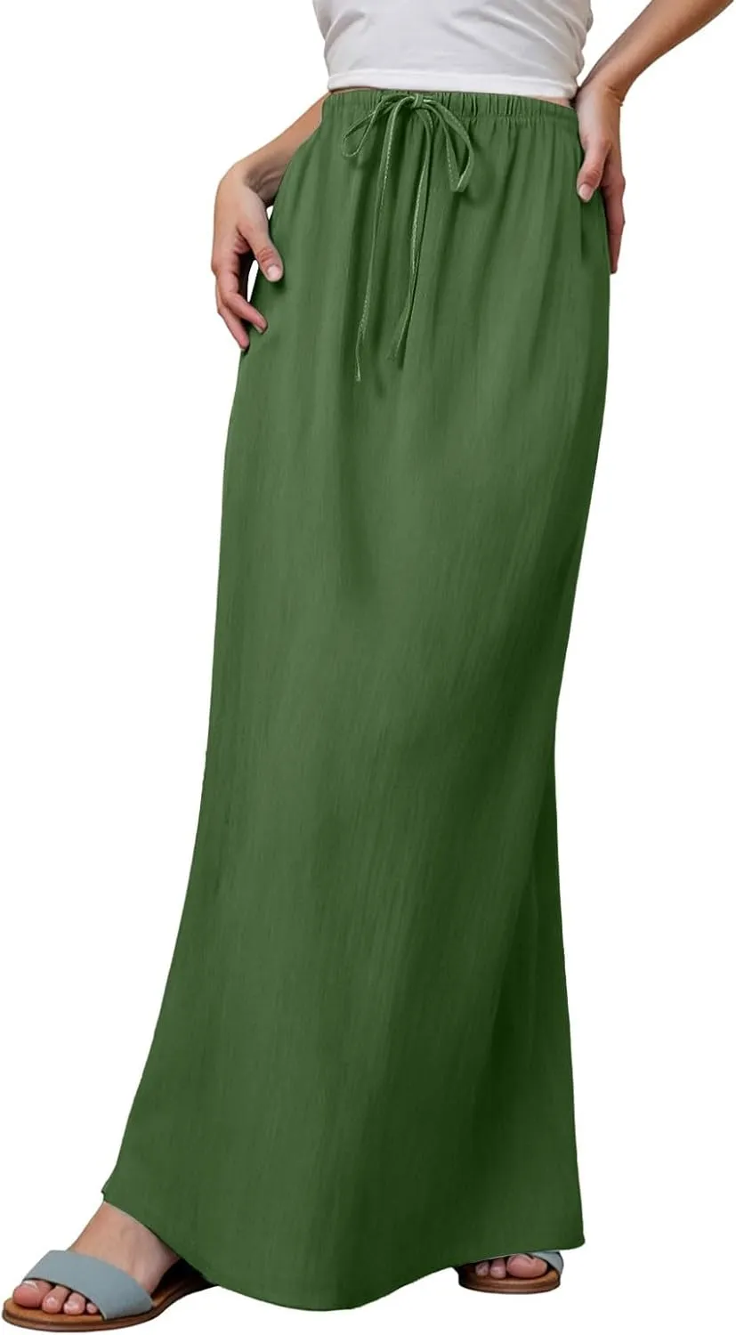 Rvidbe Linen Maxi Skirts for Women Summer Casual Vacation Boho Elastic Waist Drawstring Flared Flowy Ankle-Length Skirt