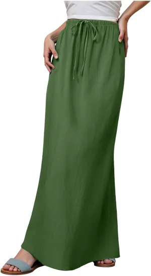 Rvidbe Linen Maxi Skirts for Women Summer Casual Vacation Boho Elastic Waist Drawstring Flared Flowy Ankle-Length Skirt
