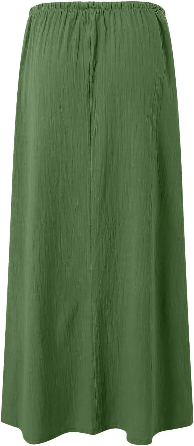 Rvidbe Linen Maxi Skirts for Women Summer Casual Vacation Boho Elastic Waist Drawstring Flared Flowy Ankle-Length Skirt