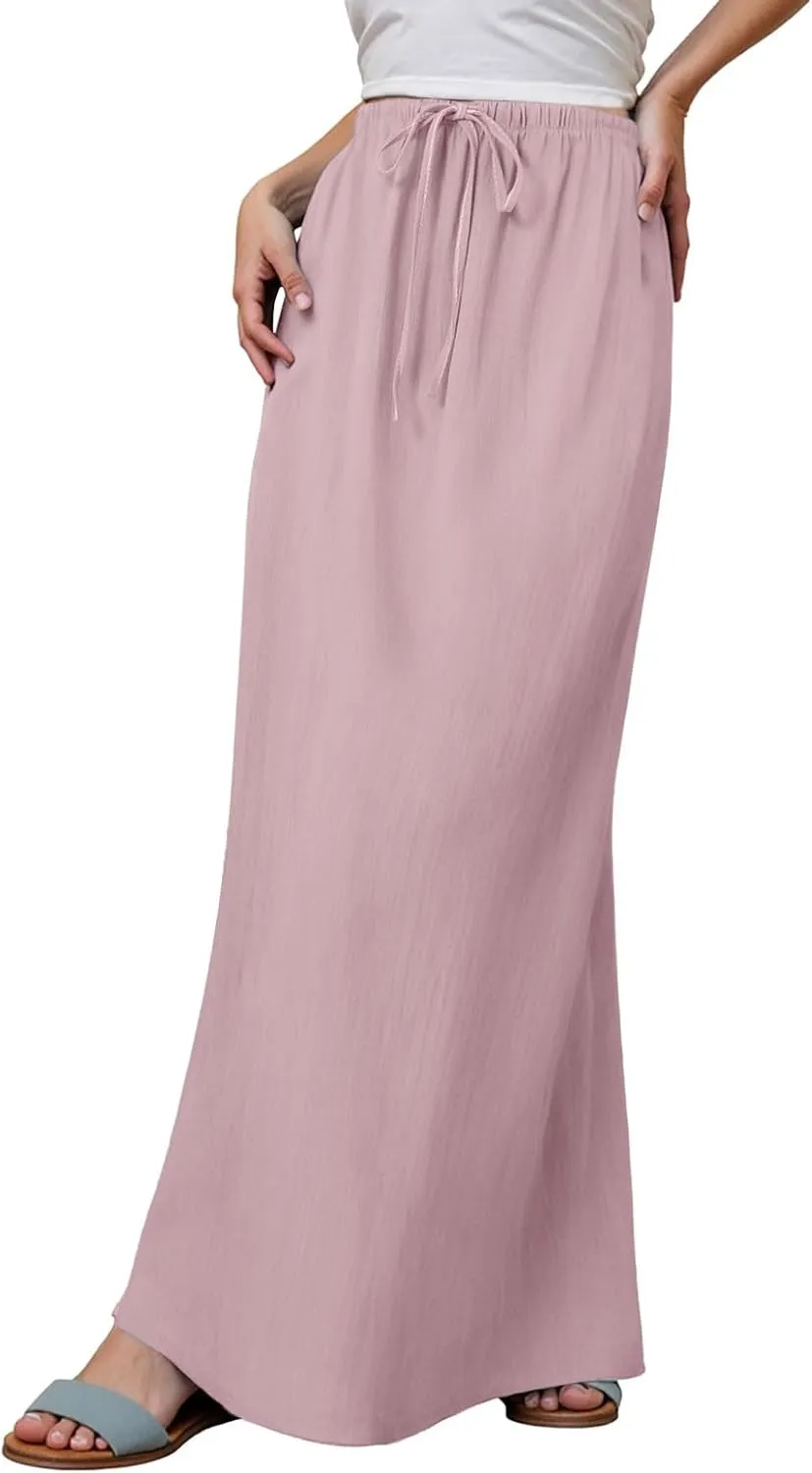 Rvidbe Linen Maxi Skirts for Women Summer Casual Vacation Boho Elastic Waist Drawstring Flared Flowy Ankle-Length Skirt