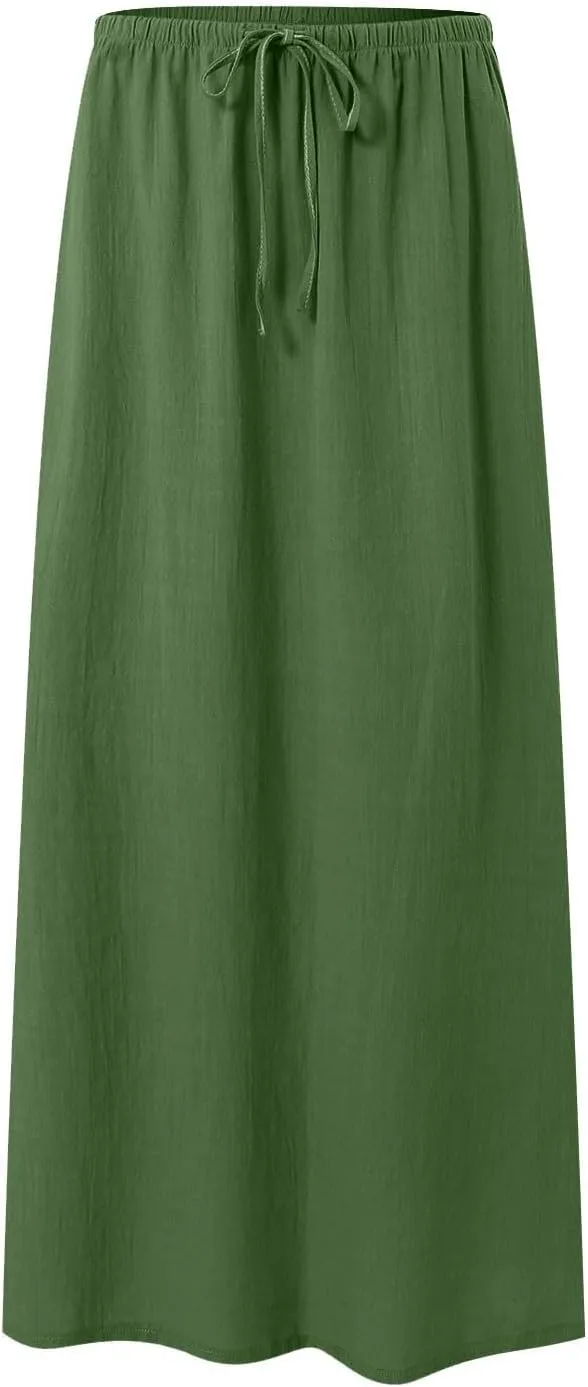 Rvidbe Linen Maxi Skirts for Women Summer Casual Vacation Boho Elastic Waist Drawstring Flared Flowy Ankle-Length Skirt