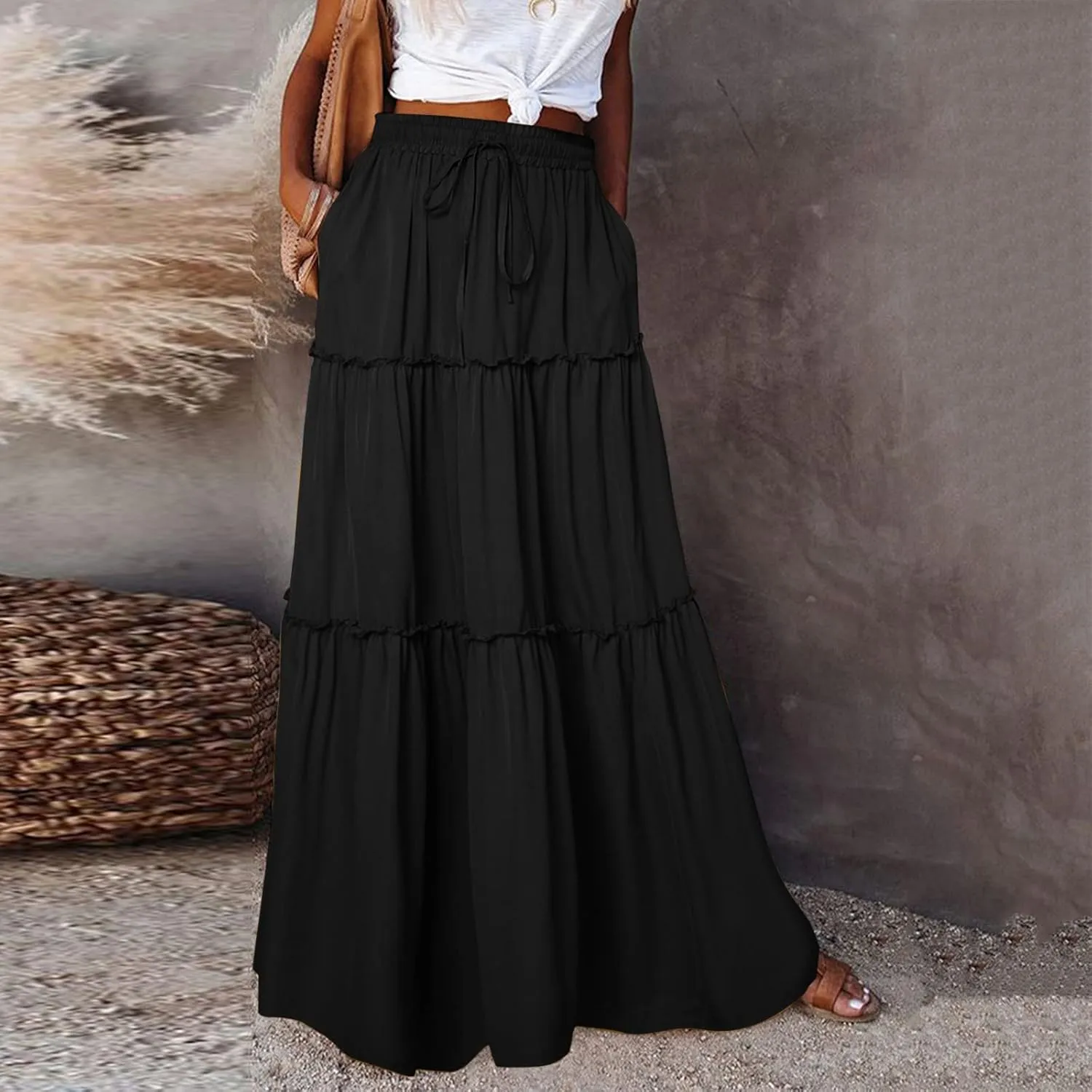 Rvidbe Linen Skirts for Women Summer Casual Trendy Vacation Boho Elastic Waist Drawstring Maxi Flowy A-Line Tiered Skirt