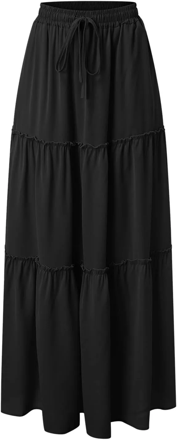 Rvidbe Linen Skirts for Women Summer Casual Trendy Vacation Boho Elastic Waist Drawstring Maxi Flowy A-Line Tiered Skirt