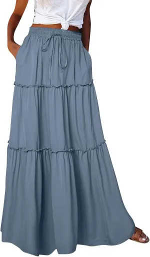 Rvidbe Linen Skirts for Women Summer Casual Trendy Vacation Boho Elastic Waist Drawstring Maxi Flowy A-Line Tiered Skirt
