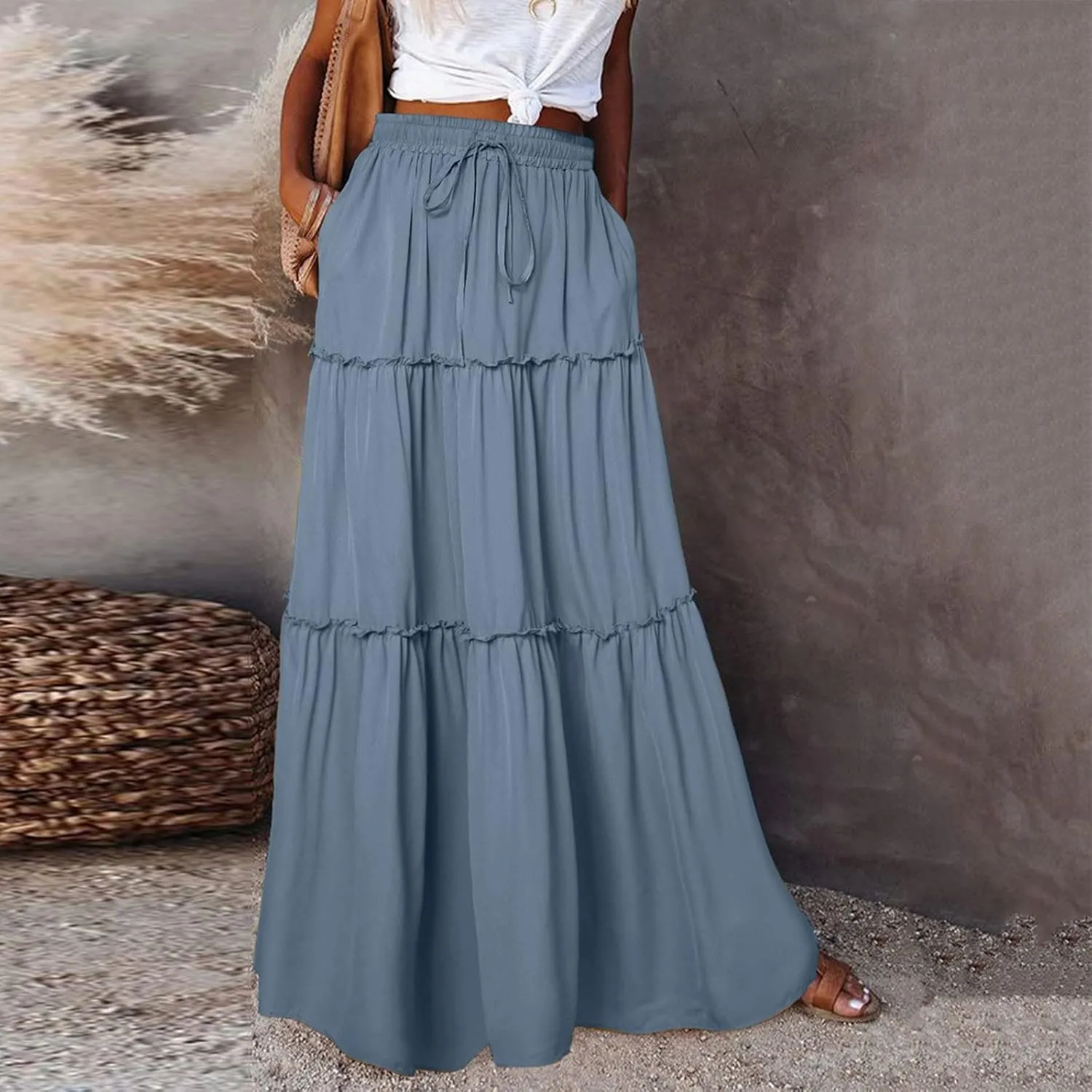 Rvidbe Linen Skirts for Women Summer Casual Trendy Vacation Boho Elastic Waist Drawstring Maxi Flowy A-Line Tiered Skirt