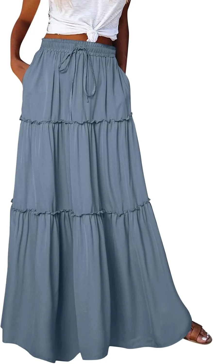 Rvidbe Linen Skirts for Women Summer Casual Trendy Vacation Boho Elastic Waist Drawstring Maxi Flowy A-Line Tiered Skirt