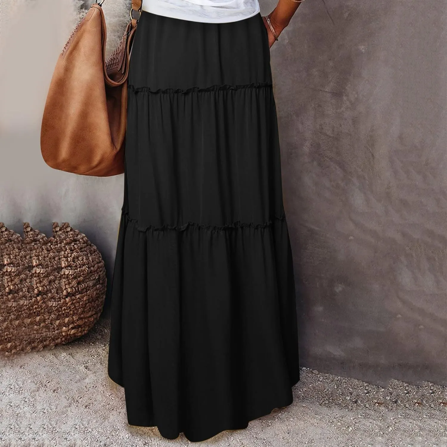 Rvidbe Linen Skirts for Women Summer Casual Trendy Vacation Boho Elastic Waist Drawstring Maxi Flowy A-Line Tiered Skirt