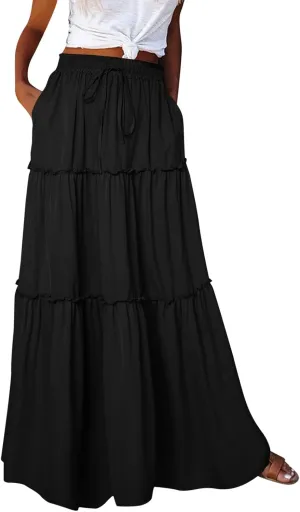 Rvidbe Linen Skirts for Women Summer Casual Trendy Vacation Boho Elastic Waist Drawstring Maxi Flowy A-Line Tiered Skirt