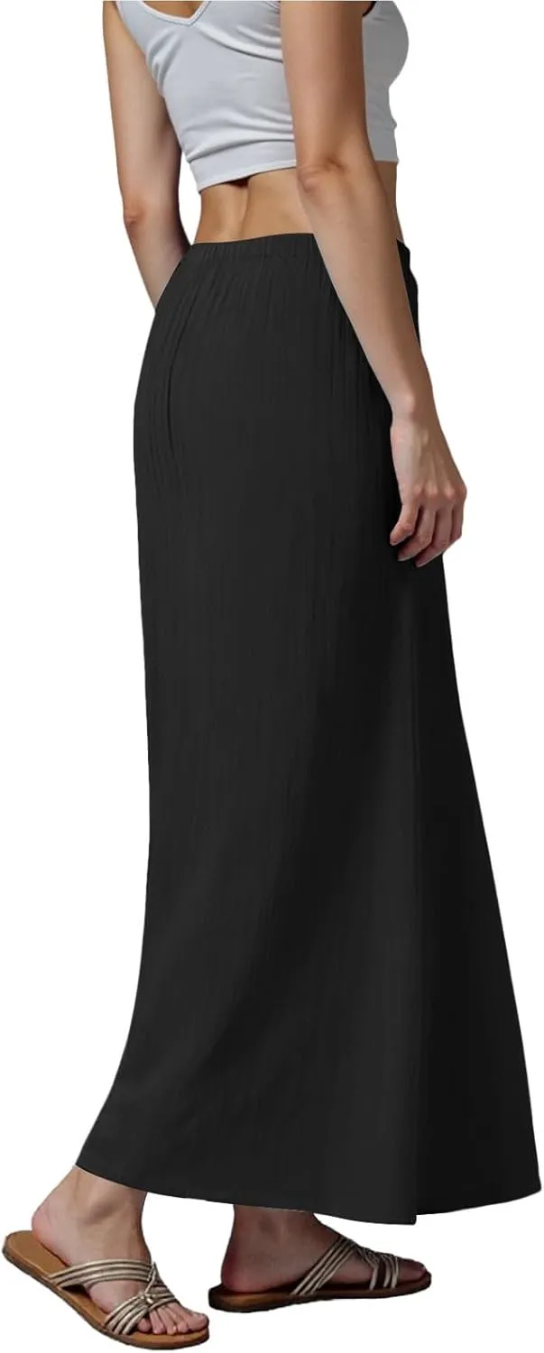 Rvidbe Maxi Skirts for Women Summer Casual Vacation Boho Elastic Waist Drawstring Cotton Linen Flowy Ankle-Length Skirt