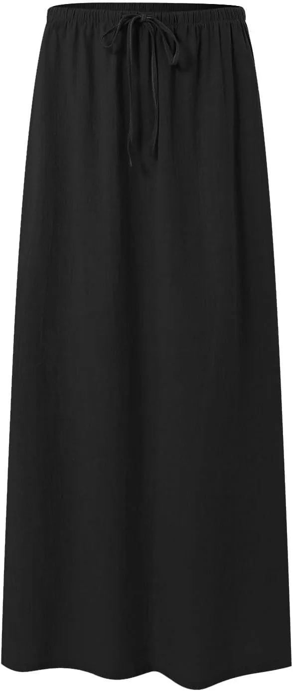 Rvidbe Maxi Skirts for Women Summer Casual Vacation Boho Elastic Waist Drawstring Cotton Linen Flowy Ankle-Length Skirt