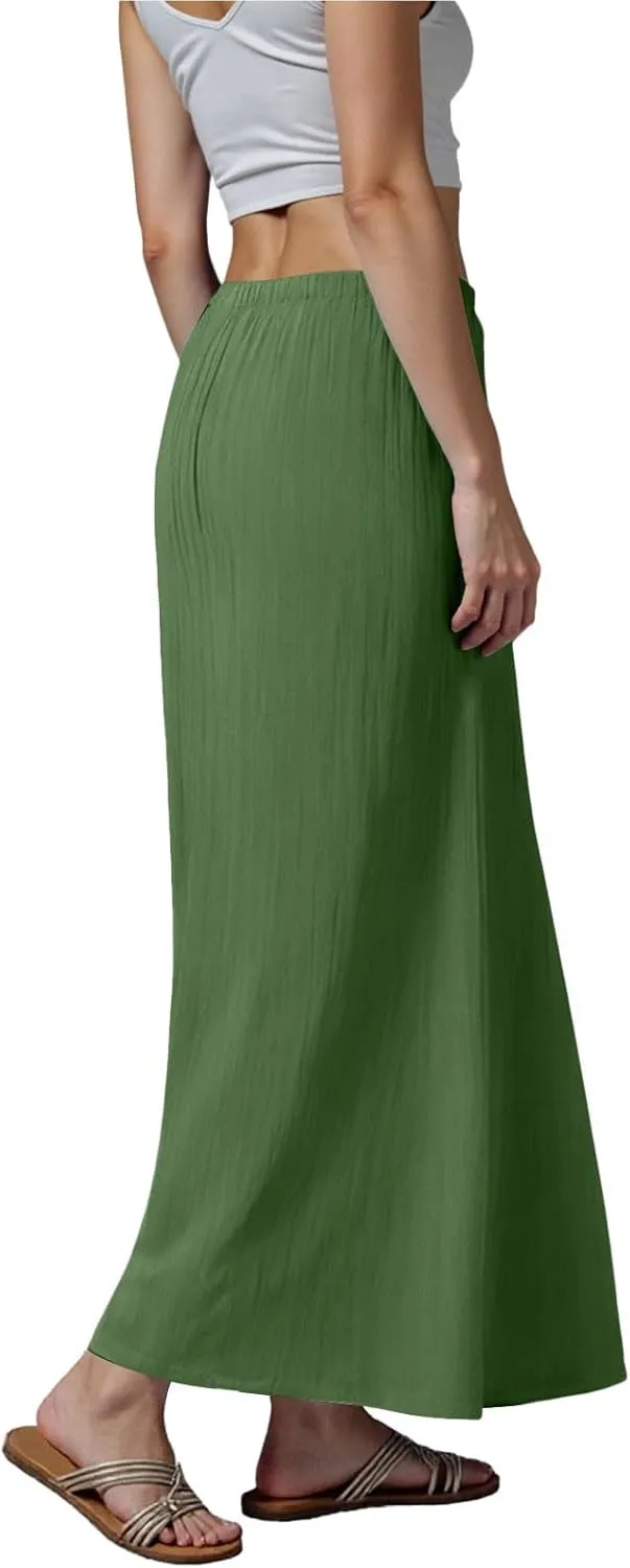 Rvidbe Maxi Skirts for Women Summer Casual Vacation Boho Elastic Waist Drawstring Cotton Linen Flowy Ankle-Length Skirt