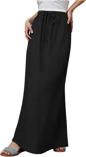 Rvidbe Maxi Skirts for Women Summer Casual Vacation Boho Elastic Waist Drawstring Cotton Linen Flowy Ankle-Length Skirt